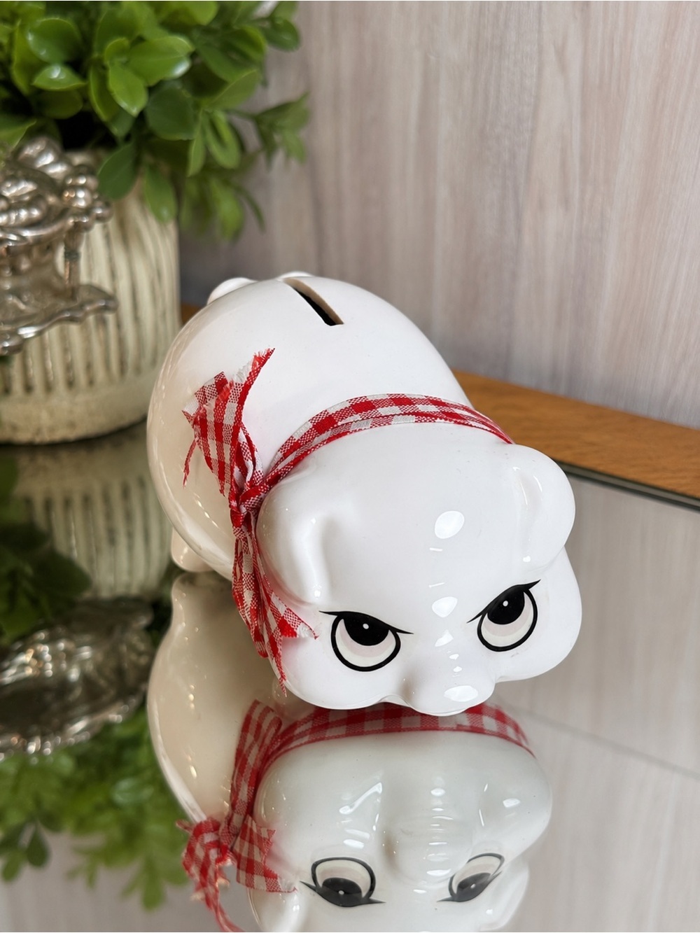 Vintage White Ceramic Piggy Bank with Red Gingham Ribbon Farmhouse Decor